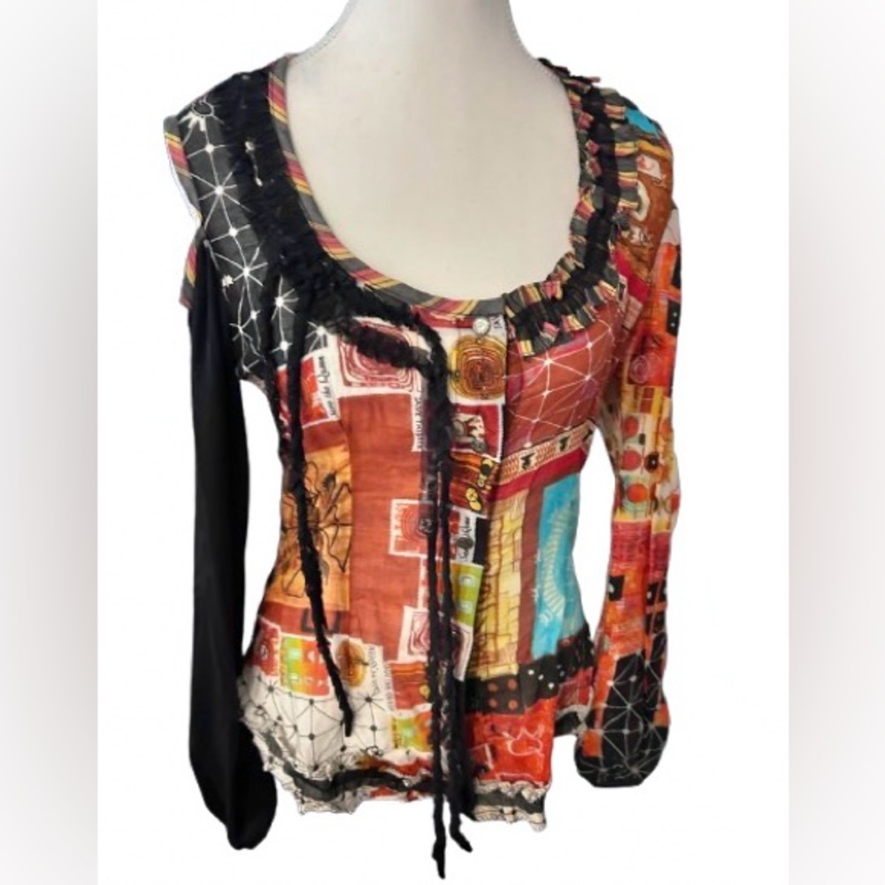 Vintage SAVE THE QUEEN 100% Cotton Off Shoulder Boho Mesh Patterned Top Shirt 90